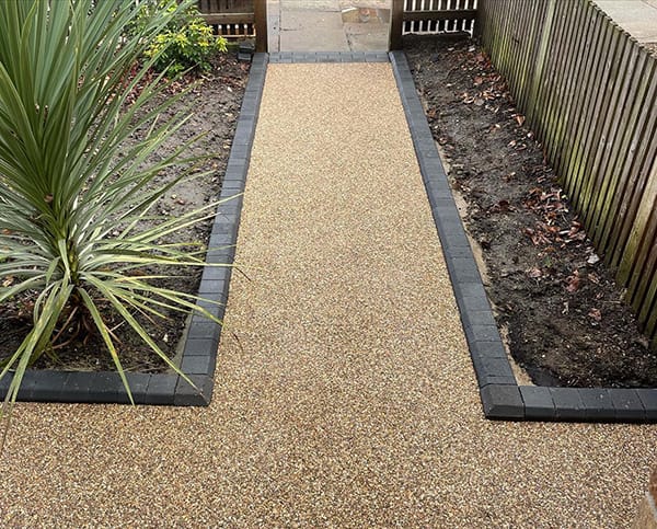 Resin pathway with palm tree on the left and fencing on the right